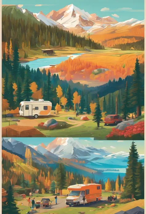 RV camping，Pop art，Albert Bierstadt，Great outdoor activities，Close-up shot，prime time，