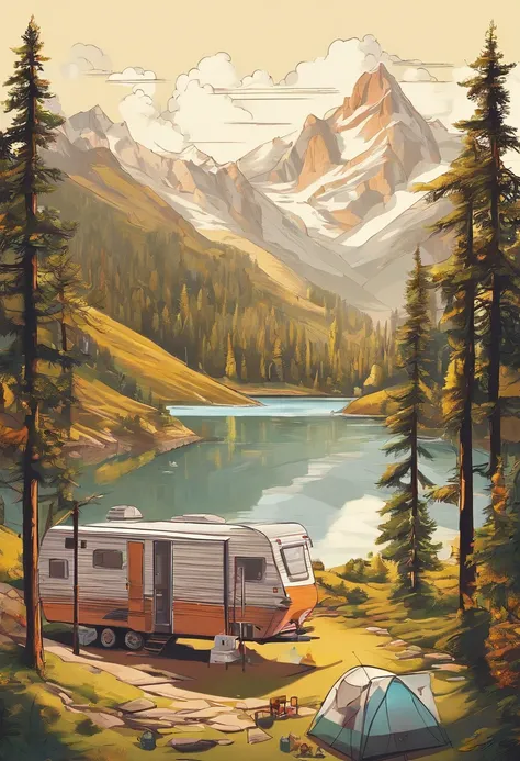 RV camping，Pop art，Albert Bierstadt，Great outdoor activities，Close-up shot，prime time，