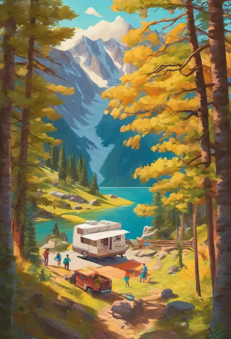 RV camping，Pop art，Albert Bierstadt，Great outdoor activities，Close-up shot，prime time，