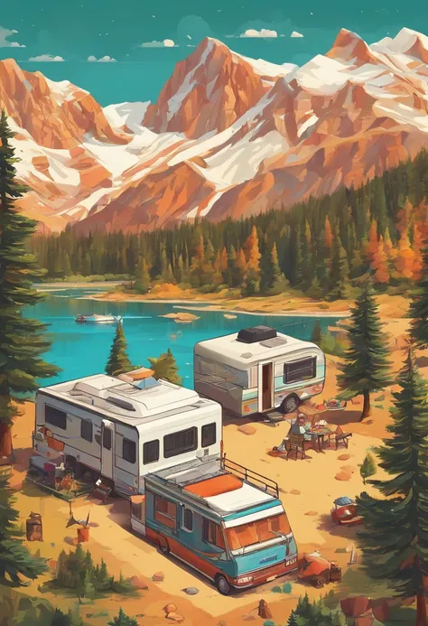 RV camping，Pop art，Albert Bierstadt，Great outdoor activities，Close-up shot，prime time，