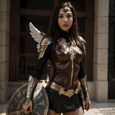 Gal Gadot as an Angel, wearing armor, with a shield