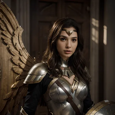 Gal Gadot as an Angel, wearing armor, with a shield