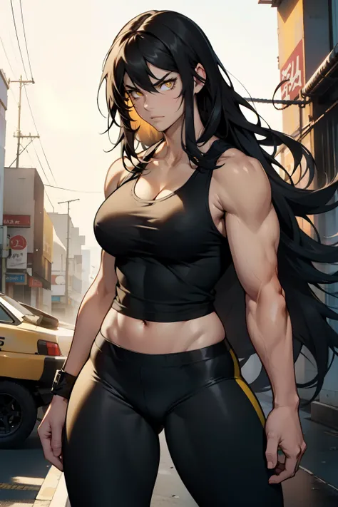 1girl (muscular) large breasts thick thighs pale skin black hair very long hair yellow eyes angry tank top leggings