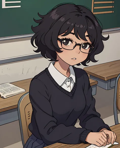 Black anime girl, short length hair, curly hair, glasses, school girl, having school lunch