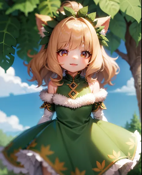 elora furry, detailed and extremely fluffy body fur, fluff, masterpiece, looking up beautiful surroundings, detailed background, happy, leaf-dress,