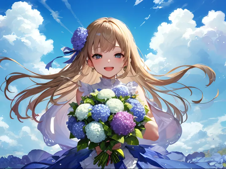 Send you a beautiful bouquet of hydrangeas，Blue sky and white clouds，HD meticulous，caricature，Happy and lively girl