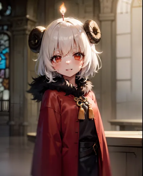 uploaded on e621, ((by Yurusa, by Childe Hassam, by Kenket, by Kyoto Animation)),
solo (chibi:1.15) ((sheep (lamb (cult of the lamb)), black body and white fur, white hair, horn, clear red sclera)),
(wear red crown, red cloak, grey black gown:1.25), (flat ...