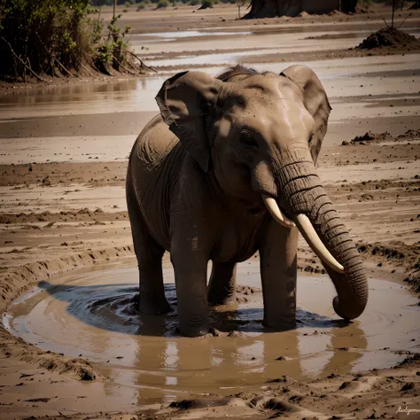 A baby elephant plqying in the mud, realistic photography, professional photography, ultra HD res