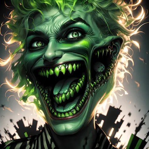 Niji Slime, sinister, Abandoned circus tent, Glowing eyes, Sharp teeth, Grimacing, Nosebleeds, dripping paint, Eerie laughter, Dramatic shadows,  Bright and realistic eyes and a bright, crazy smile，anatomy correct， （Perfect photo realistic face）， tmasterpi...