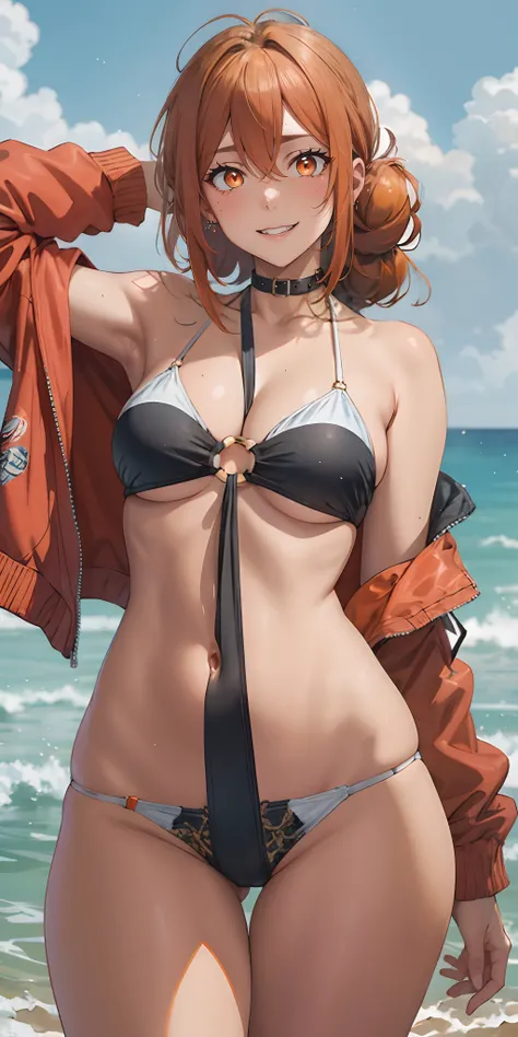 mrs yuigahama, (orange hair, hair bun:1.6), 1girl,swimsuit, jacket, red_jacket, breasts, bikini, navel, ass_visible_through_thighs, looking_at_viewer, o-ring, sky, choker, thigh_gap, outdoors, solo, cloud, day, collarbone, multi-strapped_bikini, black_biki...