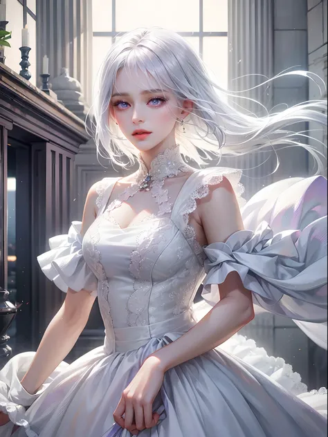 a women, white hair, purple eyes, white dress