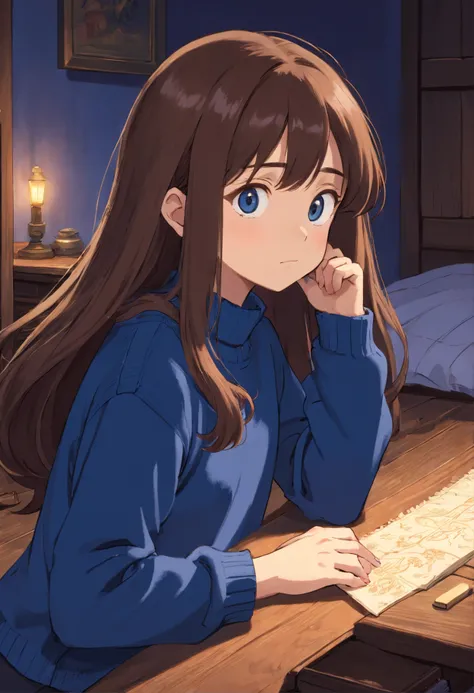 (petite fille, Long brown hair with a lock of hair that hides her left eyes), (tenue : small dark blue sweater, pantalon noir), (decoration : la petite fille est dans sa chambre assise dans sont lit bleu)