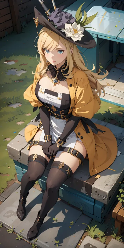 absurd res, high res, (masterpiece:1.4), ultra-detailed, 1girl, navia, from above, space, sitting, sitting lady position, blonde hair, hat, gloves, stockings, full body