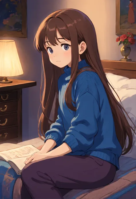 (petite fille, Long brown hair with a lock of hair that hides her left eyes), (tenue : small dark blue sweater, pantalon noir), (decoration : la petite fille est dans sa chambre assise dans sont lit bleu)