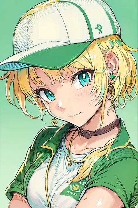 Tetsuya Nomura, masutepiece, Best Quality, 1girl in, aqua eyes, Baseball Cap, Blonde hair, Closed mouth, earrings, Green background, hat, hoop earrings, Jewelry, Looking at Viewer, Shirt, Short hair, Simple background, Solo, Upper body, Yellow shirt