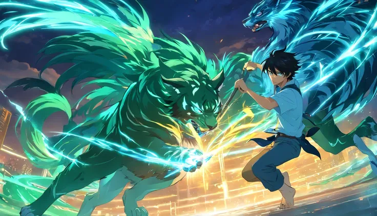 male character with his long raven-black hair and piercing emerald eyes fighting with blue tiger spirit