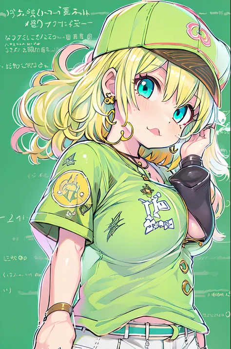 Tetsuya Nomura, masutepiece, Best Quality, 1girl in, aqua eyes, Baseball Cap, Blonde hair, Closed mouth, earrings, Green background, hat, hoop earrings, Jewelry, Looking at Viewer, Shirt, Short hair, Simple background, Solo, Upper body, Yellow shirt