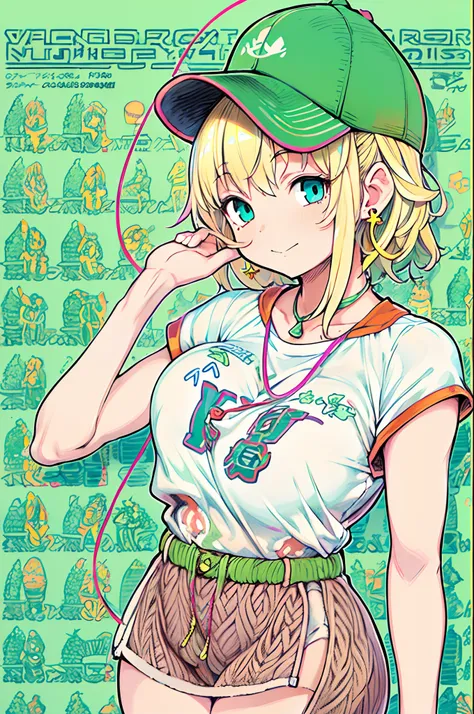 Tetsuya Nomura, masutepiece, Best Quality, 1girl in, aqua eyes, Baseball Cap, Blonde hair, Closed mouth, earrings, Green background, hat, hoop earrings, Jewelry, Looking at Viewer, Shirt, Short hair, Simple background, Solo, Upper body, Yellow shirt