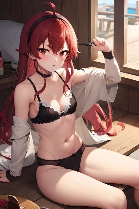 red hair, small breasts, underwear, in, cleavage, navel, lie, sitting