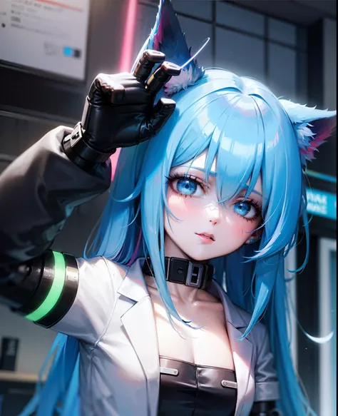 cyberpunk, portrait, cybernetic wolf, neon hair, (blue neon eyes:1.1), cybernetic limb, cybernetic arm, waring lab coat, lab room, [painting:photorealistic:0.4]