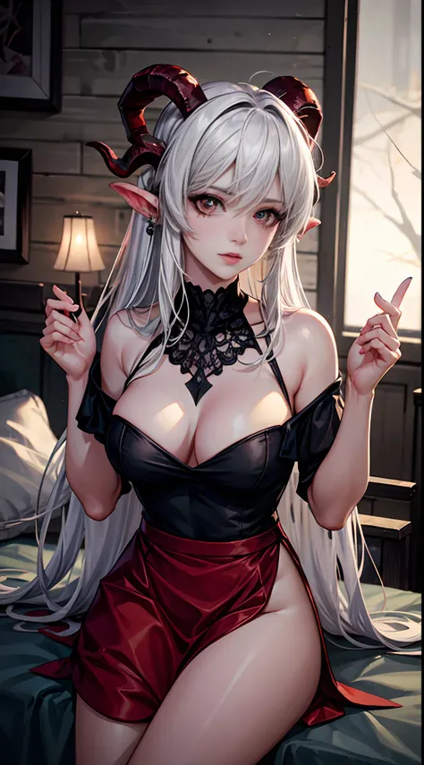 ruined bed room as background, female devil with the horns, fire as background, White color hair, Off-the-shoulder attire, sexy dress, masterpiece, (high detail:1.1), Rough face, seductive, sexy pose, fashion model posing, Large breasts, Natural skin, high...