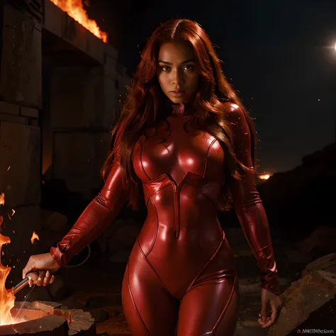 Brown skin female superhero with lava powers long red hair comic black and red suit red eyes