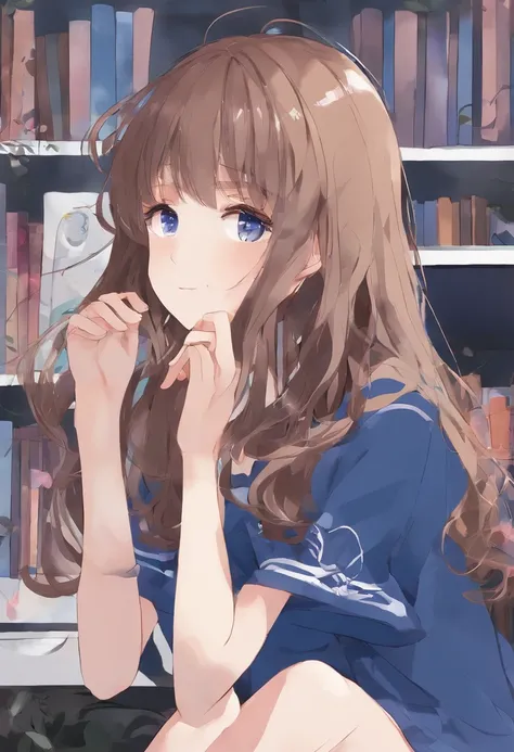 (Style anime), (petite fille, Long brown hair with a lock of hair that hides her left eyes), (tenue : small dark blue sweater, pantalon noir), (decoration : la petite fille est dans sa chambre assise dans sont lit bleu)