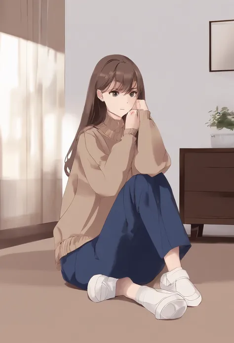 (Style anime), (petite fille, Long brown hair with a lock of hair that hides her left eyes), (tenue : small dark blue sweater, pantalon noir), (decoration : la petite fille est dans sa chambre assise dans sont lit bleu)