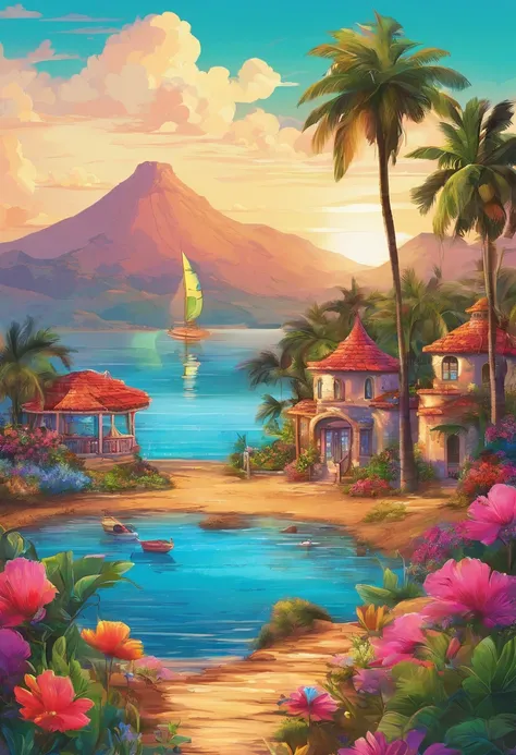 fazer ruiva num tapete e de fundo uma pintura de uma casa de campo, flores ao lado da cerca, cerca ao longo da estrada, paisagem da montanha com um lago e um barco, illustration matte painting, inspirado por Thomas Kinkade, symmetric matte painting, detail...