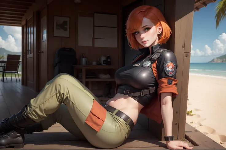 gwen tennyson,1girl,tracer,yshtola rhul,yorha 2b,atelier ryza,resident evil,close up,mecha pilot,ocean view,fireworks,tattoos,red and orange plugsuit,white short sleeve silk top,light gray cargo pants,uncovered belly,short hair,cute makeup,green eyes,dimen...