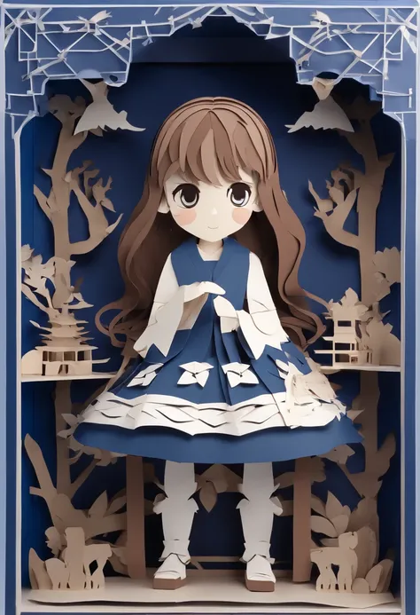 (Style anime), (petite fille, Long brown hair with a lock of hair that hides her left eyes), (tenue : small dark blue sweater, pantalon noir), (decoration : la petite fille est dans sa chambre assise dans sont lit bleu)