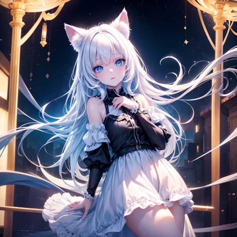 Cat girl, albino, blue eyes, sparkling eyes, background night start,light, ((ultra realistc)),((8k image)),(( ultra hd))