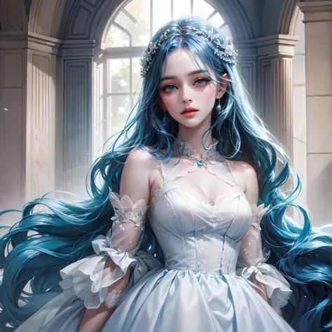 a women, blue hair, blue eyes, white dress