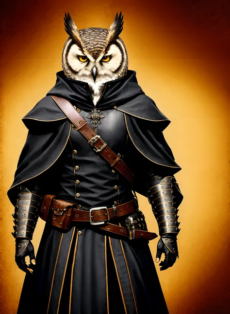 Anthropomorphic Owl in black leather armor, Black Cloak, D&D Artwork, Fantasy Attire, Ranger, Hunter, rogueish appearance, Character Design