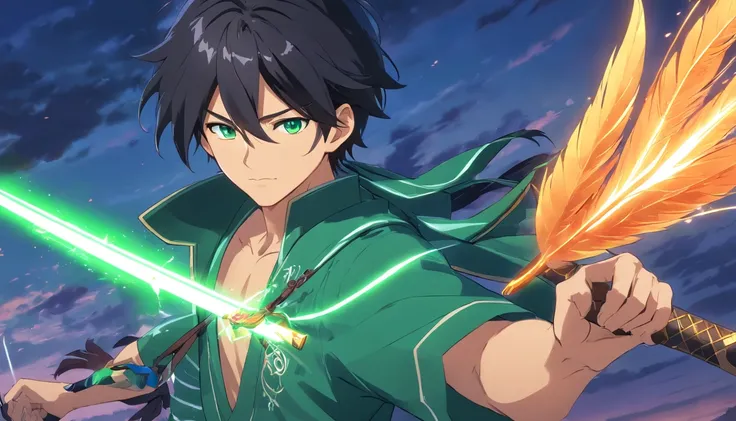 male character with his long raven-black hair and piercing emerald eyes hold Kujang weapon, isekai wear