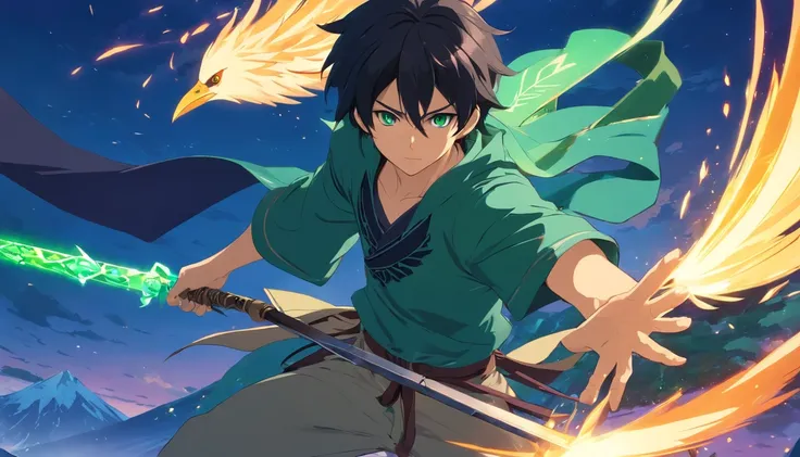 male character with his long raven-black hair and piercing emerald eyes hold Kujang weapon, isekai wear