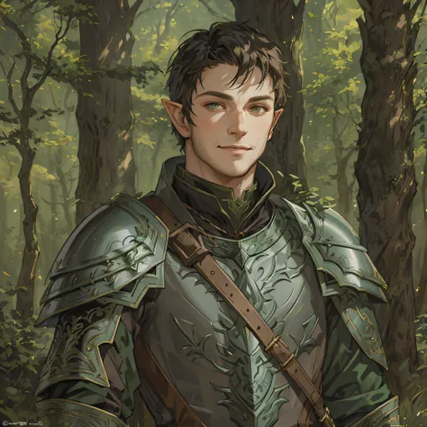 there is a man in armor standing in the woods, a portrait of a male elf, male elf ranger, fantasy male portrait, beautiful male elf, fantasy art smug smile man, elven male, portrait of a forest mage, a male elf, fantasy characture portrait, portrait of an ...