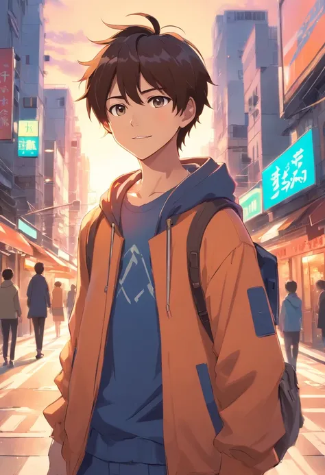 A boy, transformed into an anime style, with exaggerated unique facial features and clothing, standing on a bustling city street, backlit background highlighting the subject, high-contrast colors, 4K high-definition quality，young, smiling, handsome