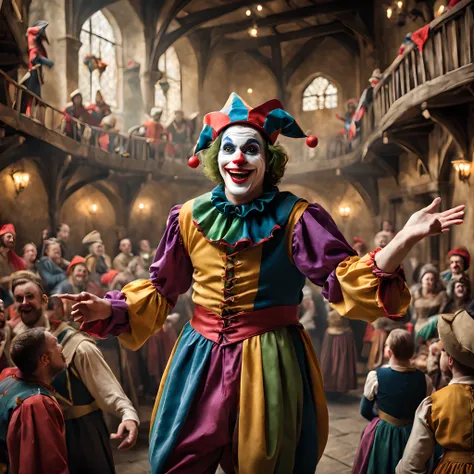 Composition: Craft a lively and engaging composition that captures the spirit of a medieval comedy theater. The composition should be full of energy and humor, setting the stage for the Jesters performance.

Character: Illustrate a mischievous and colorful...