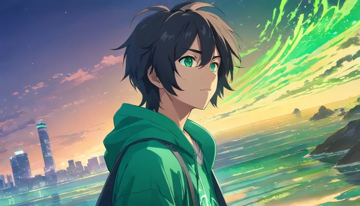 male character with his long raven-black hair and piercing emerald eyes wearing hoodie with a slight batik pattern