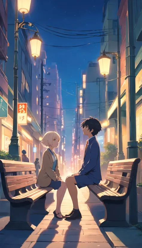 best qualtiy， tmasterpiece， 超高分辨率， realisticlying，A couple，white color hair，Expression adoration，Suit suit，Sit back to back，head looking up，cheerfulness，Roadside stone benches，Street lamp illumination，wide angles