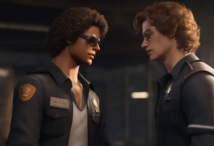 Brown skin young 18 year old guy, with curly afro, black t-shirt, with black rectangle glasses, and a white young guy, with brown hair, leon kennedy from resident evil 4, white skin, wearing police uniform, not wearing glasses, looking at each other in the...