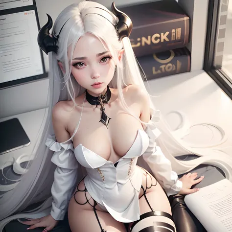 Succubus girl with white long hair, Bronzed Skin, without wings. Dressed in white high-heeled shoes. In the office with a man.