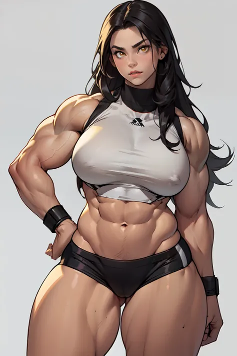 ((((1girl bodybuilder muscular)))) pale skin black hair very long hair yellow eyes long abs ((curvy wide hips thick thighs huge breasts grey background))