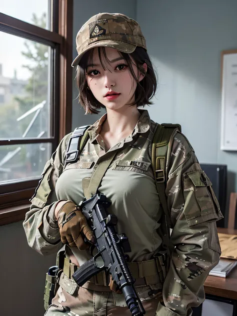 ((​masterpiece、ultra fine photos、top-quality、超a high resolution、photorealsitic、foco nítido、bustshot))、、beautiful female soldier、...