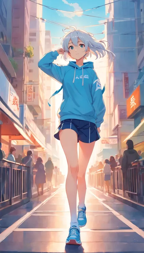 best qualtiy， tmasterpiece， 超高分辨率， realisticlying， 1 girl， long  white hair，Heterochromic pupils，With a headset，Sweatshirt set，head looking up，cheerfulness，White tube socks，Light blue sneakers，Park run run，wide angles