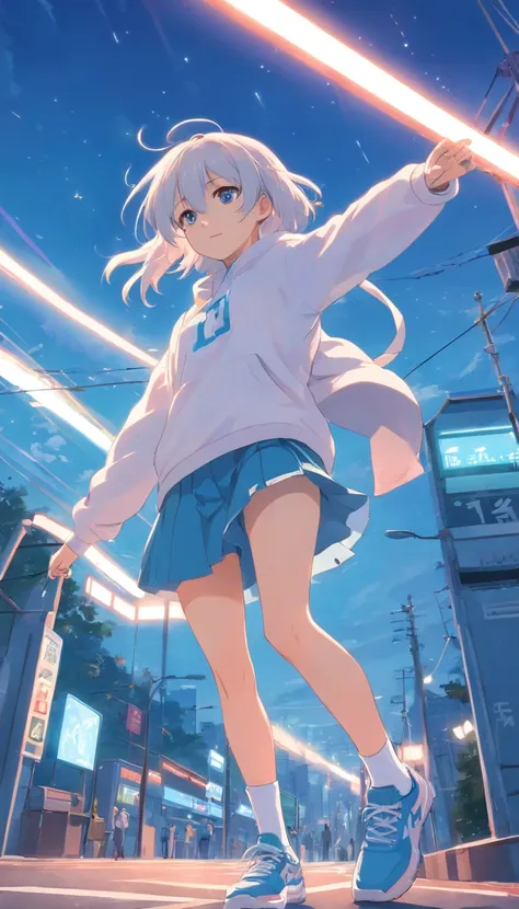 best qualtiy， tmasterpiece， 超高分辨率， realisticlying， 1 girl， long  white hair，Heterochromic pupils，With a headset，Sweatshirt set，head looking up，cheerfulness，White tube socks，Light blue sneakers，Park run run，wide angles