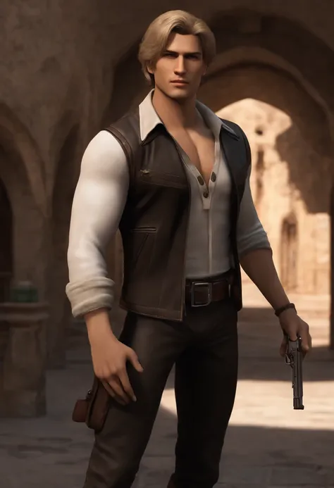 2 men, flat style, illustration, young man, 27 year old, Leon S. Kennedy from Resident evil 4, face of Eudard Badaluta, solo, white skin, muscular, lean muscle man, tall, hunk, wide shoulder, clean-shaven, light blond hair, curtain hairstyle, dark brown co...