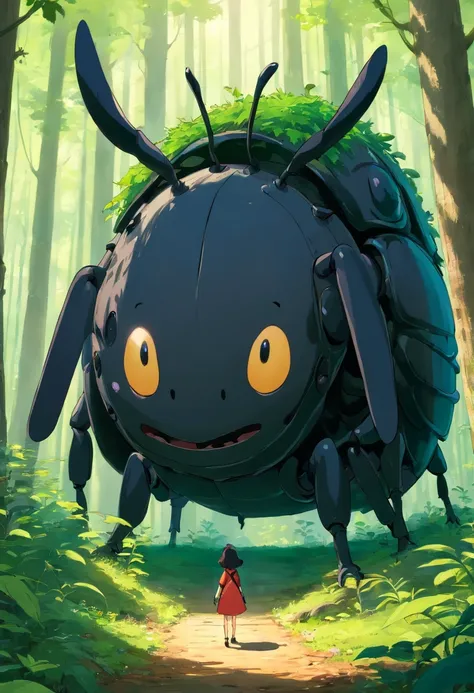 Curious black big thing in forest in 3d drawing beetle sticking out of head