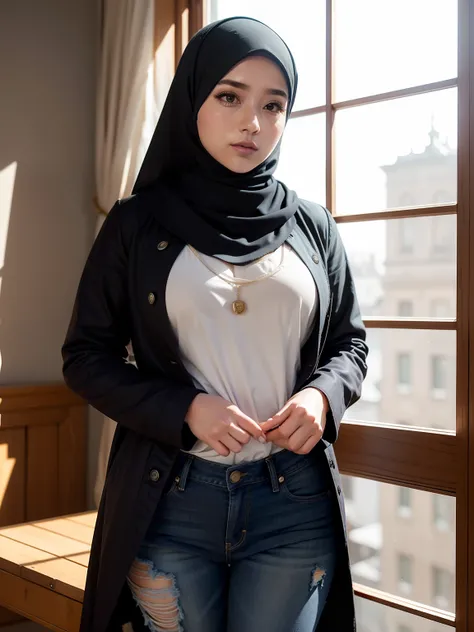 1fille, 21 ans, belle fille,Fille malaise (chemise blanche, Models), clavicule, beaux yeux bleus, ((Porter le hijab:1.4)), maquillage, building, Winter trench coat, jour, Ass in ripped denim pants, garni de fourrure_manteau, garni de fourrure_veste, fourru...